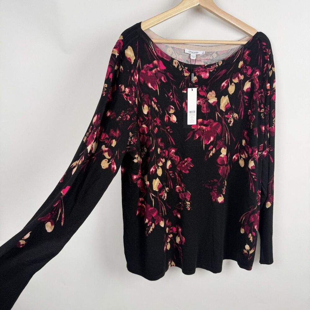 Chicos Floral Leaves Sweater 4 Whimsigoth Boat Neck Pullover 2XL Dark Romance